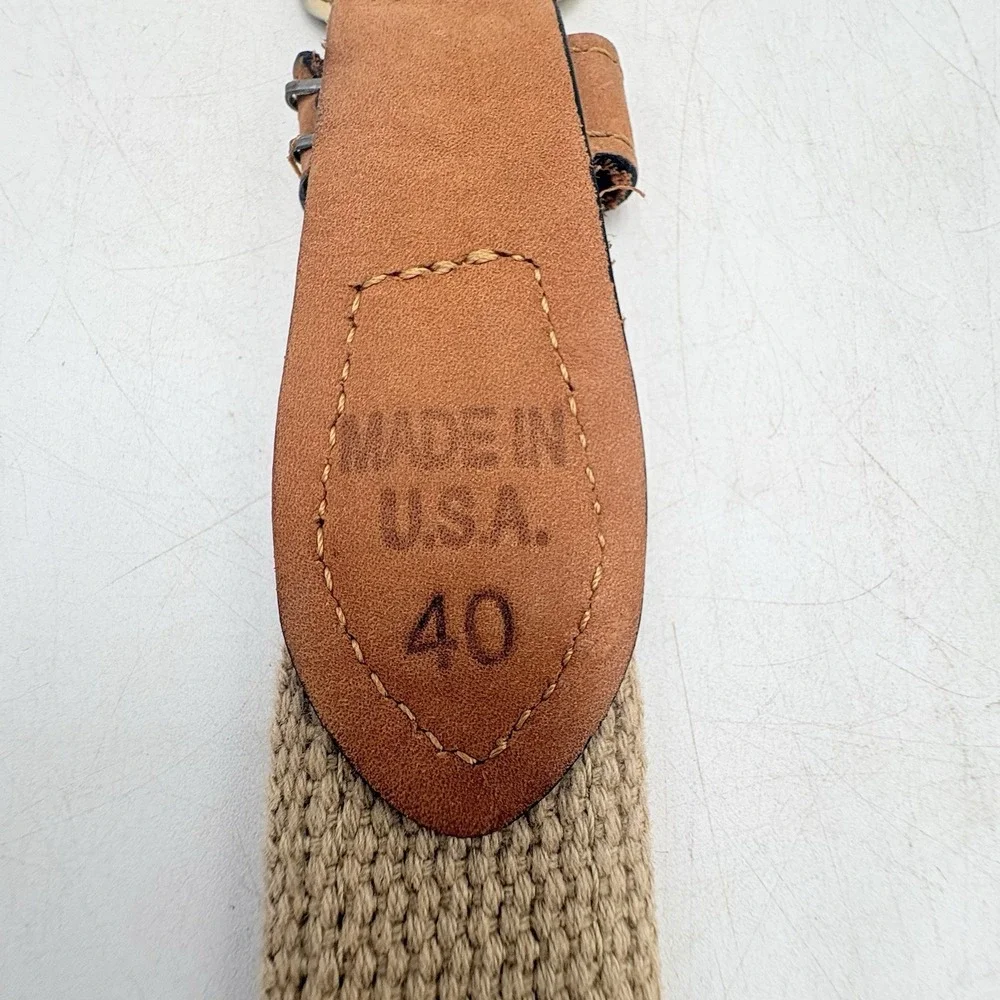 Vintage Woven Stretch Belt Fish Embroidered Canvas Leather Solid Brass Size 40